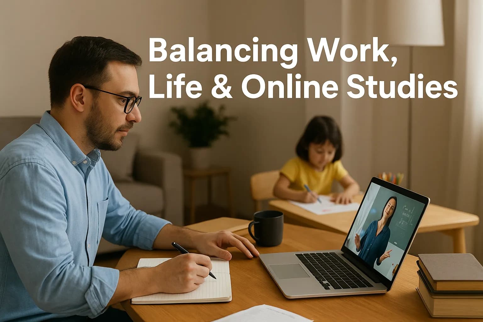 Professional balancing online studies and family life at home.