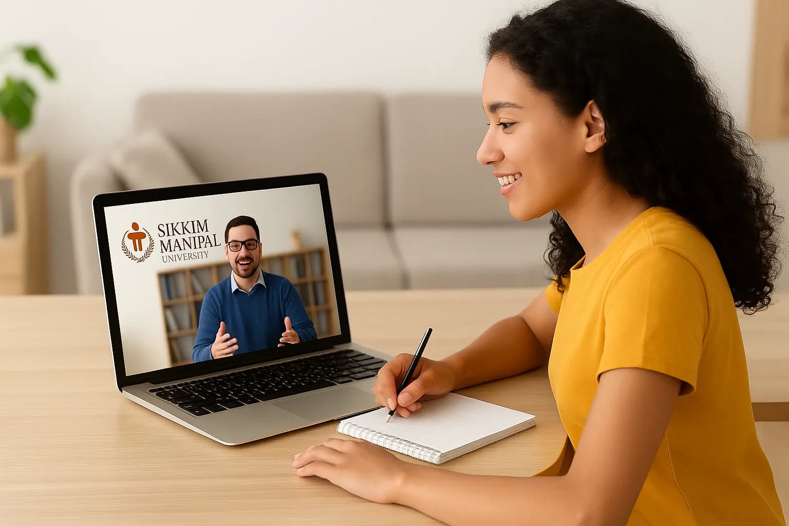 Student attending an online class from Sikkim Manipal University on laptop while taking notes at home.