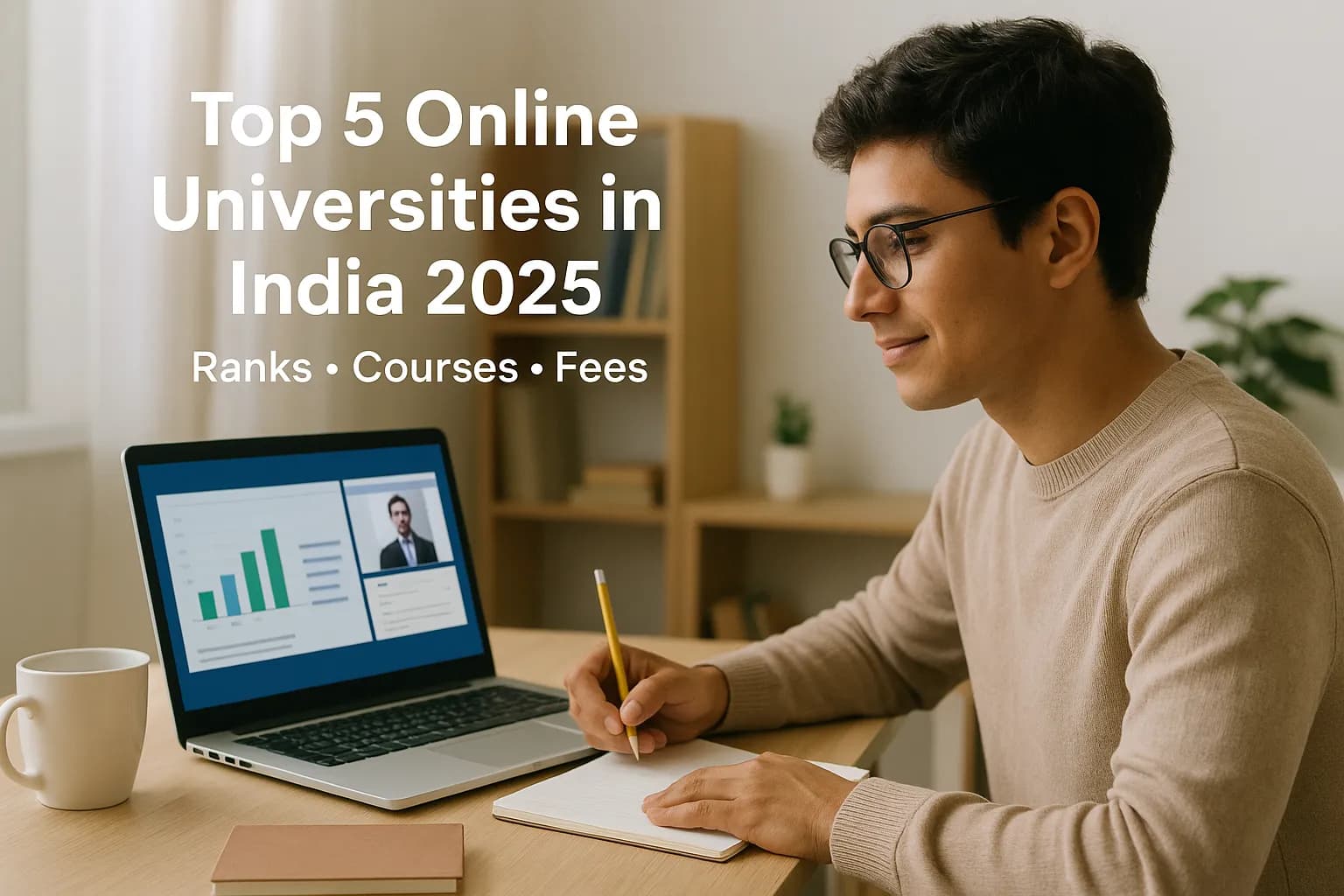 Student studying online at home with laptop and notes.