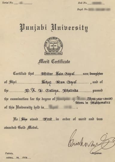 PU Distance Education Degree Certificate