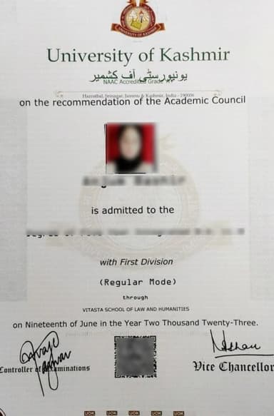 University of Kashmir Distance Education Degree Certificate