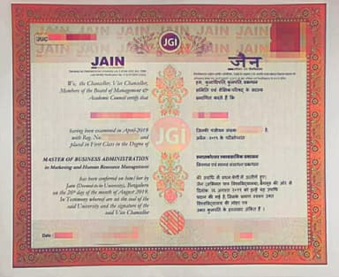 Jain University Online Degree Certificate