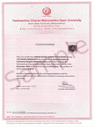 YCMOU Degree Certificate