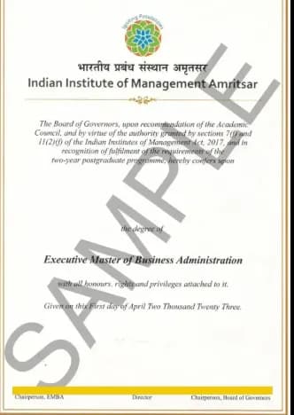 IIM Amritsar Degree Certificate